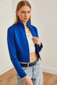Olalook Women Saks Blue Blue Zippered Scuba Jacket