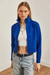 Olalook Women Saks Blue Blue Zippered Scuba Jacket - Image 2