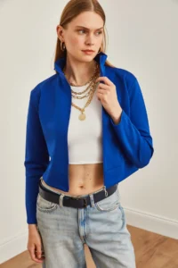 Olalook Women Saks Blue Blue Zippered Scuba Jacket - Image 3