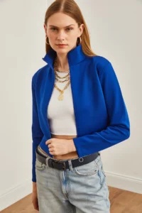 Olalook Women Saks Blue Blue Zippered Scuba Jacket - Image 4