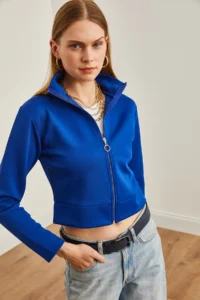Olalook Women Saks Blue Blue Zippered Scuba Jacket - Image 5