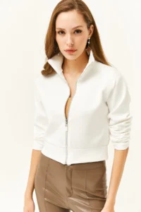 Olalook Women WHITE Zippered Scuba Jacket - Image 2
