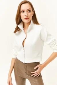 Olalook Women WHITE Zippered Scuba Jacket - Image 4