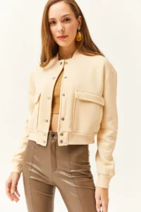 Olalook Women's Beige Pocket Snap Closure Inside Fleece Crop Jacket