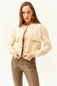 Olalook Women's Beige Pocket Snap Closure Inside Fleece Crop Jacket - Image 2