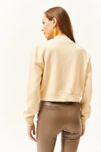 Olalook Women's Beige Pocket Snap Closure Inside Fleece Crop Jacket - Image 5