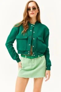 Olalook Women's Emerald Green Pocket Snap Closure Inside Fleece Crop Jacket - Image 3
