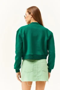 Olalook Women's Emerald Green Pocket Snap Closure Inside Fleece Crop Jacket - Image 5