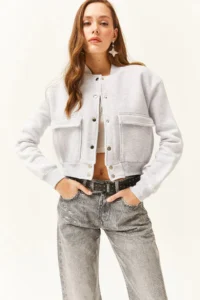 Olalook Women's Gray Pocket Snap Closure Inside Fleece Crop Jacket