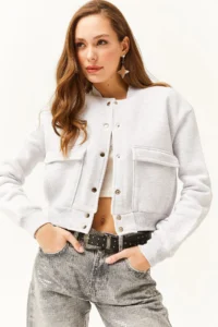 Olalook Women's Gray Pocket Snap Closure Inside Fleece Crop Jacket - Image 3