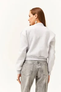 Olalook Women's Gray Pocket Snap Closure Inside Fleece Crop Jacket - Image 5
