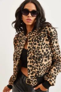 Olalook Women's Leopard Camel Pocket Snap Closure Inside Fleece Crop Jacket - Image 3