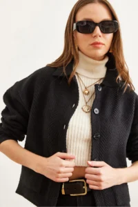 Olalook Women's Black Double Pocket Stamped Unlined Jacket