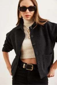 Olalook Women's Black Double Pocket Stamped Unlined Jacket - Image 4