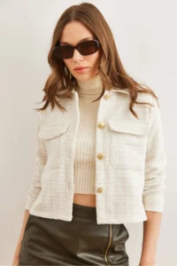 Olalook Women's Ecru Pocket Buttoned Glitter Detailed Tweed Jacket
