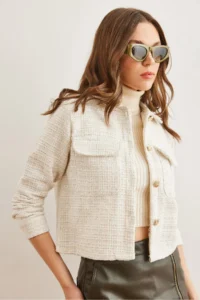 Olalook Women's Ecru Pocket Buttoned Glitter Detailed Tweed Jacket - Image 2