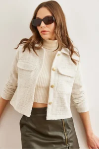 Olalook Women's Ecru Pocket Buttoned Glitter Detailed Tweed Jacket - Image 3