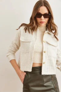 Olalook Women's Ecru Pocket Buttoned Glitter Detailed Tweed Jacket - Image 4