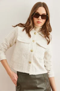 Olalook Women's Ecru Pocket Buttoned Glitter Detailed Tweed Jacket - Image 5