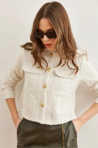 Olalook Women's Ecru Pocket Buttoned Glitter Detailed Tweed Jacket - Image 6