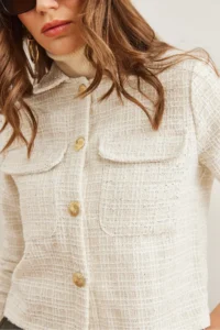 Olalook Women's Ecru Pocket Buttoned Glitter Detailed Tweed Jacket - Image 7