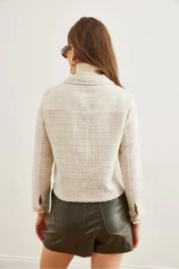 Olalook Women's Ecru Pocket Buttoned Glitter Detailed Tweed Jacket - Image 8
