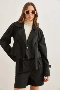 Olalook Women's Black Lined Crop Jacket with Belt Detail - Image 2