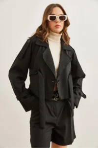 Olalook Women's Black Lined Crop Jacket with Belt Detail - Image 3
