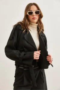 Olalook Women's Black Lined Crop Jacket with Belt Detail - Image 4