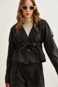 Olalook Women's Black Lined Crop Jacket with Belt Detail - Image 6