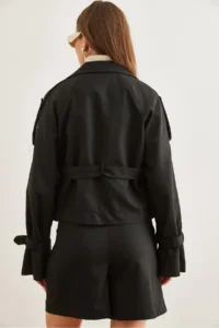 Olalook Women's Black Lined Crop Jacket with Belt Detail - Image 7