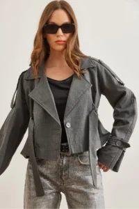 Olalook Women's Smoked Lined Crop Jacket with Belt Detail