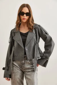 Olalook Women's Smoked Lined Crop Jacket with Belt Detail - Image 2