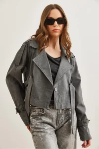 Olalook Women's Smoked Lined Crop Jacket with Belt Detail - Image 3
