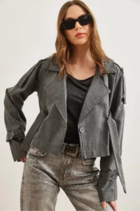 Olalook Women's Smoked Lined Crop Jacket with Belt Detail - Image 4