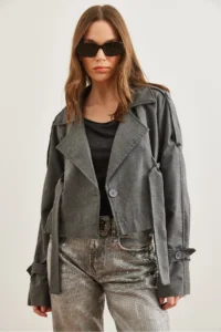 Olalook Women's Smoked Lined Crop Jacket with Belt Detail - Image 5