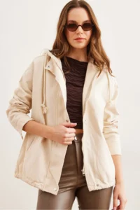 Olalook Women's Stone Pocket, Zippered, Snap Detailed Gabardine Jacket - Image 2