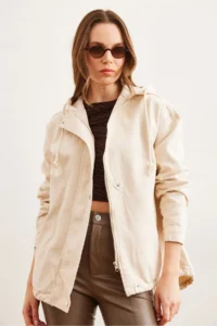 Olalook Women's Stone Pocket, Zippered, Snap Detailed Gabardine Jacket - Image 3