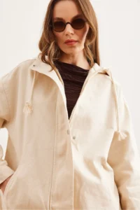 Olalook Women's Stone Pocket, Zippered, Snap Detailed Gabardine Jacket - Image 8