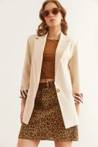 Olalook Women's Stone Leopard Detailed Fleece Pocket Lined Premium Linen Jacket