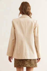 Olalook Women's Stone Leopard Detailed Fleece Pocket Lined Premium Linen Jacket - Image 2