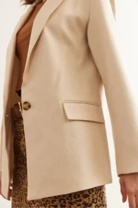 Olalook Women's Stone Leopard Detailed Fleece Pocket Lined Premium Linen Jacket - Image 3