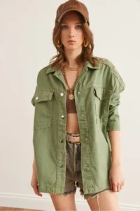 Olalook Women's Khaki Shoulder and Back Embroidery Detailed Cotton Gabardine Jacket - Image 2