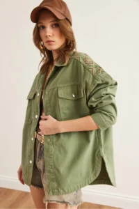 Olalook Women's Khaki Shoulder and Back Embroidery Detailed Cotton Gabardine Jacket - Image 3
