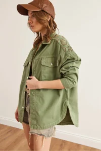 Olalook Women's Khaki Shoulder and Back Embroidery Detailed Cotton Gabardine Jacket - Image 4