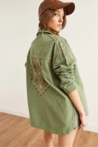 Olalook Women's Khaki Shoulder and Back Embroidery Detailed Cotton Gabardine Jacket - Image 5
