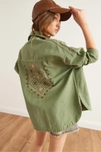 Olalook Women's Khaki Shoulder and Back Embroidery Detailed Cotton Gabardine Jacket - Image 6