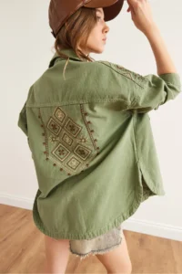 Olalook Women's Khaki Shoulder and Back Embroidery Detailed Cotton Gabardine Jacket - Image 7