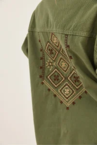 Olalook Women's Khaki Shoulder and Back Embroidery Detailed Cotton Gabardine Jacket - Image 8