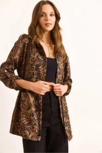 Olalook Women's Camel Pocket Sleeve Folding Detailed Hooded Wool Effect Jacket